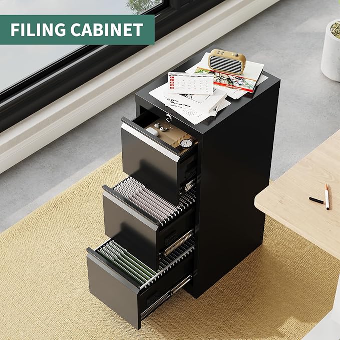 3-Drawer Metal Filing Cabinet with Lock, Vertical Heavy Duty Steel File Organizer for Home Office, Secure Storage for Letter, Legal, A4, F4 Documents – Professional Office Furniture, Black