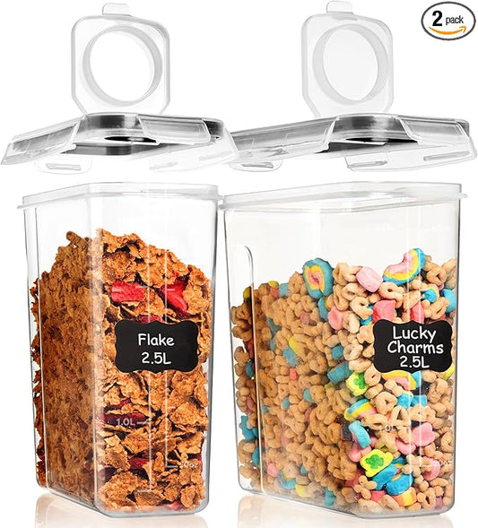 Shazo 2 Pack (15.4 Oz Cereal Capacity) Small Airtight Cereal Containers Storage with Lids, Perfect Space Saving BPA-Free Plastic Container, Pantry Organization and Canister for Rice, Sugar & Flour