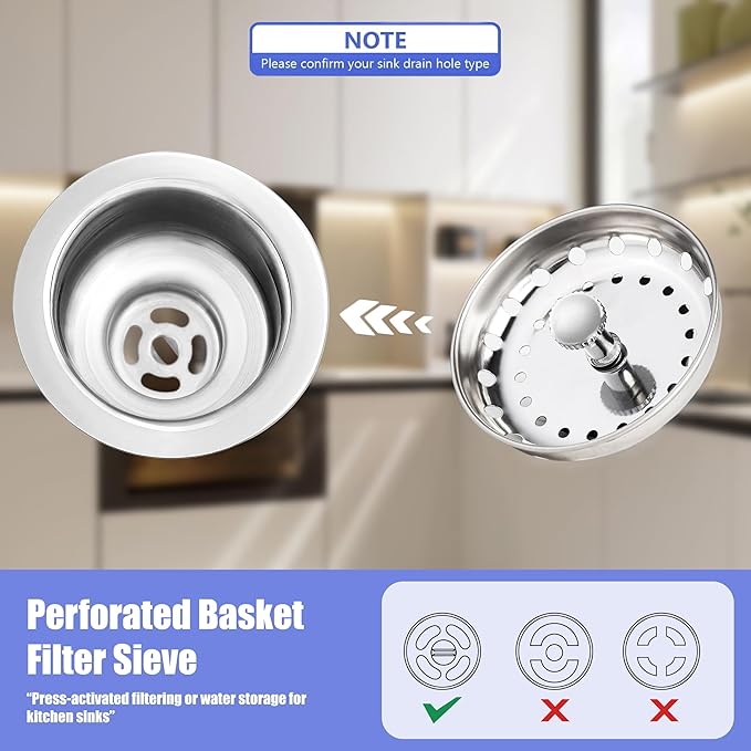 RQYEKDO 3-Pack Kitchen Sink Drain Strainer Stopper Set, Universal Anti-Clogging Stainless Steel Garbage Disposal Plug with Handle, Perforated Basket Filter Sieve for Standard 3.5" Drains (Silver)