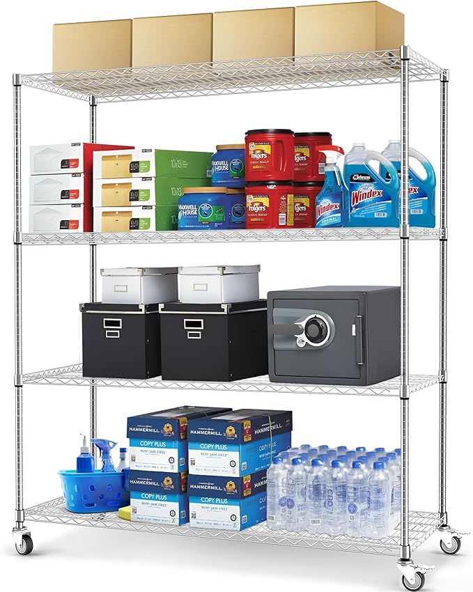 Rengue 4-Tier Heavy Duty Wire Storage Shelves with Wheels, 60" W x 24" D x 72" H Metal Storage Rack, Adjustable Garage & Pantry Shelves, 2400 LBS Commercial Grade, Chrome