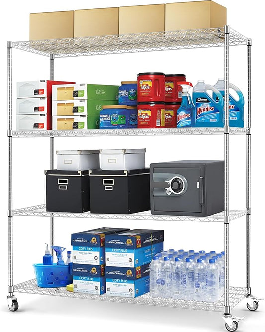 Rengue 4-Tier Heavy Duty Wire Storage Shelves with Wheels, 60" W x 24" D x 72" H Metal Storage Rack, Adjustable Garage & Pantry Shelves, 2400 LBS Commercial Grade, Chrome