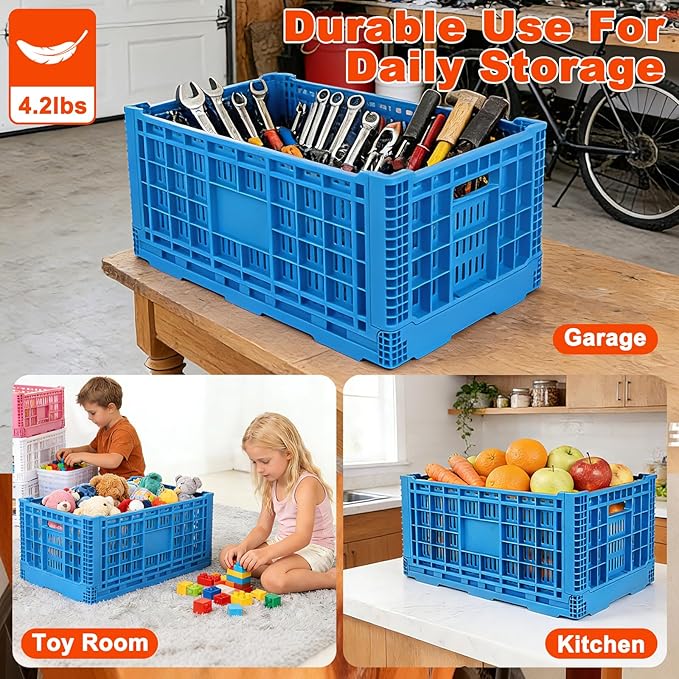 Shineyaplus Collapsible Milk Crate, 1 pck 72L(19GAL) Stackable Storage Bins, Heavy Duty Storage Crates, Plastic Crates for Grocery, Warehouse Organization - Extra Large, Holds 130 lbs Per Bin