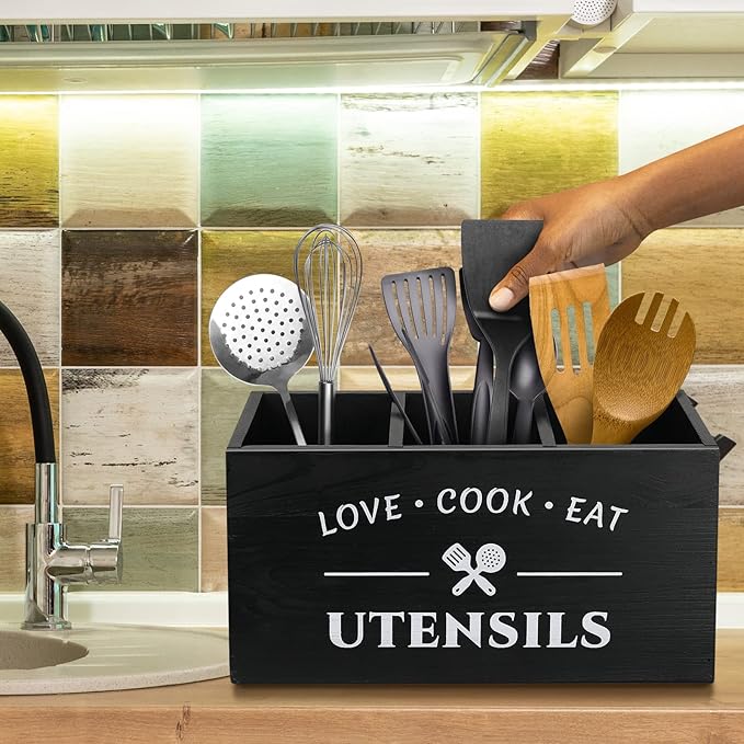 Wooden Utensil Holder with 3 Compartments for Kitchen Counter, Large Farmhouse Kitchen Decor & Rustic Spatula Holder, Heavy Duty Wood Cooking Utensil Crock Organizer for Spoons, Ladles & Tongs
