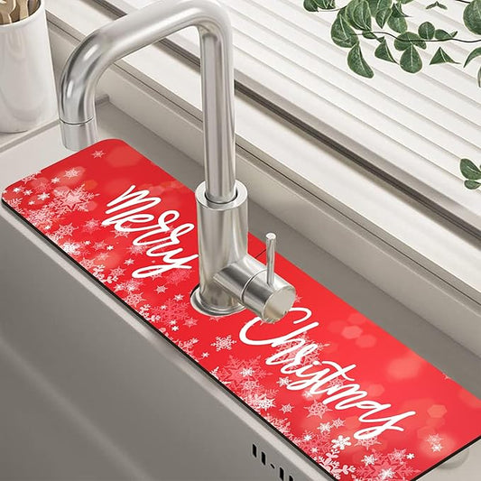 Merry Christmas Snowflake Kitchen Sink Splash Guard Mat Absorbent Fast Drying Mat Faucet Draining Mat Sink Splash Guard Behind Faucet Drip Catcher for Kitchen Bathroom 5.5"×24"