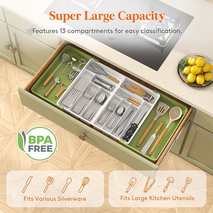 Lifewit Silverware Drawer Organizer, Expandable BPA Free Plastic Utensil Tray for Kitchen, Adjustable Flatware Cutlery Holder for Spoons Forks Knives, 21.3- 36 x 16.9", Green&White