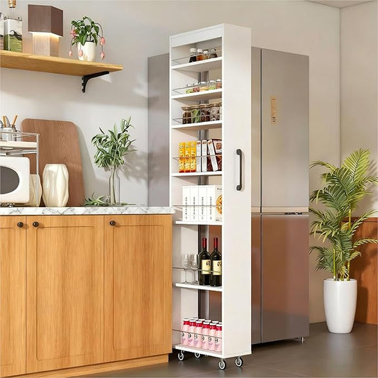 7-Tier Slim Storage Cart with Wheels, 7.9''W Pull Out Rolling Utility Cart, Mobile Shelving Unit Organizer with Handle, Narrow Multi-Functional Open Shelf for Kitchen, Bathroom, Laundry Room