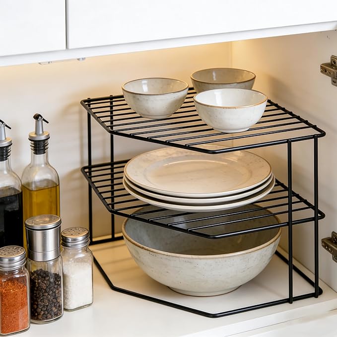 SIBAO 3 Tier Kitchen Corner Shelf Rack and Cabinet Organizer for Plates and Cups, Metal Wire Kitchen Shelf, Steel Metal Frame, Rust Resistan,10x10x7inch, Black