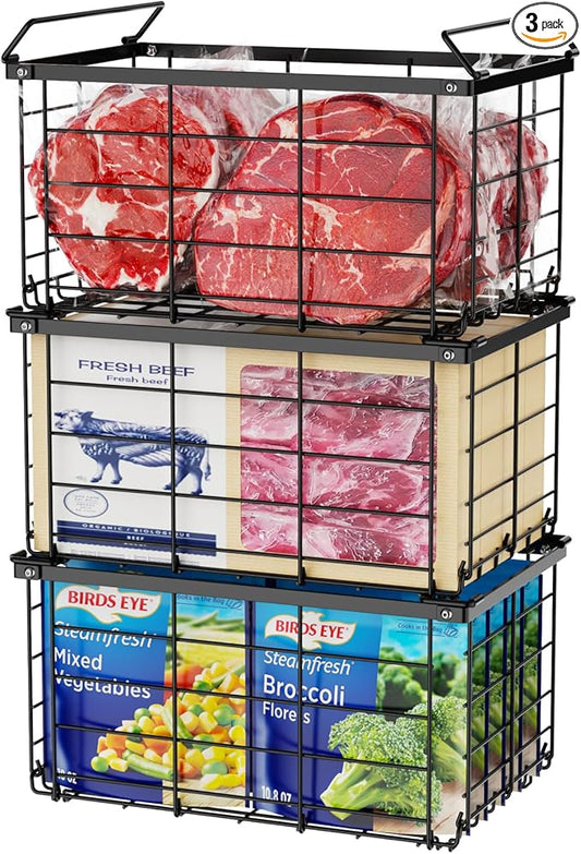 iSPECLE Freezer Organizer Bins - 3 Pack Deep Freezer Organizer Bins for 5-7 Cu.Ft Chest Freezer, Stackable Wire Baskets to Maximize Space, Easy Access Food No More Digging, Heavy Duty Easy Install