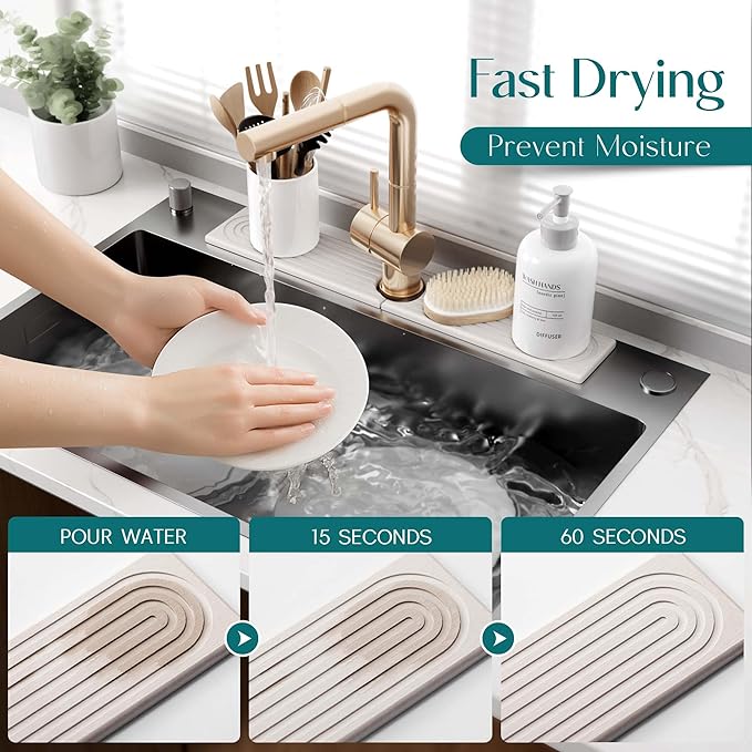 Eormoe Faucet Mat for Kitchen Sink – Diatomite Drying Stone Mat & Sink Protector, Prevent Moisture – Sink Splash Guard Water-Absorbing Stone Tray for Bathroom Counter [Light Grey,23.6" x 3.9"]