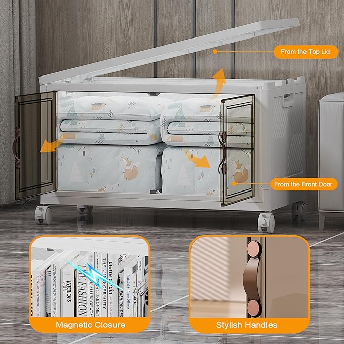 Stackable Storage Bins with Lids & Wheels & Door, Foldable Collapsible Closet Organizers, Extra Large Plastic Storage Drawers for Bedroom Dorm Office Garage (White-160QT, 1Pack with 1 top lid)