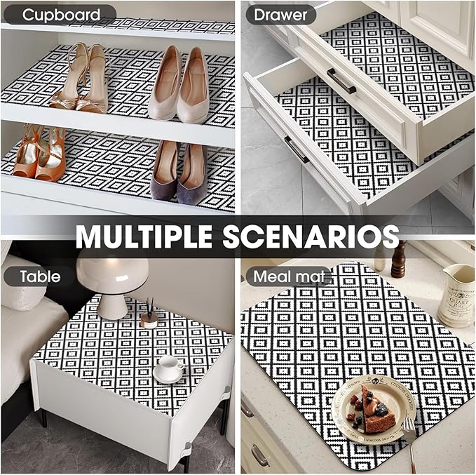 ALIUNI Drawer and Shelf Liner, Non-Slip Kitchen Cabinet Liners Non-Adhesive Thick Strong Grip Waterproof Washable Mats Protect Dresser Shelves Cupboard Bathroom Cabinets, Black & White, 12 in X 20 FT