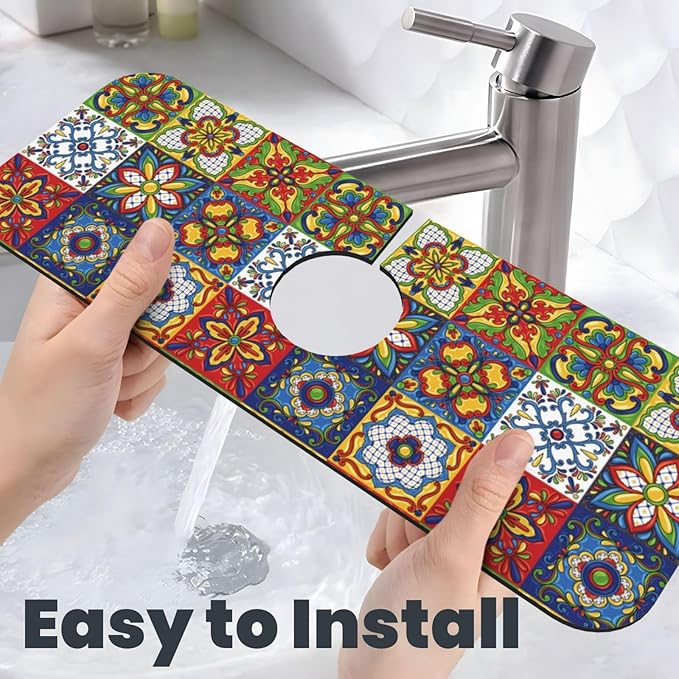 Talavera Mexican Tiles Mexico Kitchen Sink Splash Guard Faucet Mat Super Absorbent Fast Drying Mat Sink Gadgets-Fast Drying Pad Sink Mat For Kitchen Bathroom (15" X 5.5" )