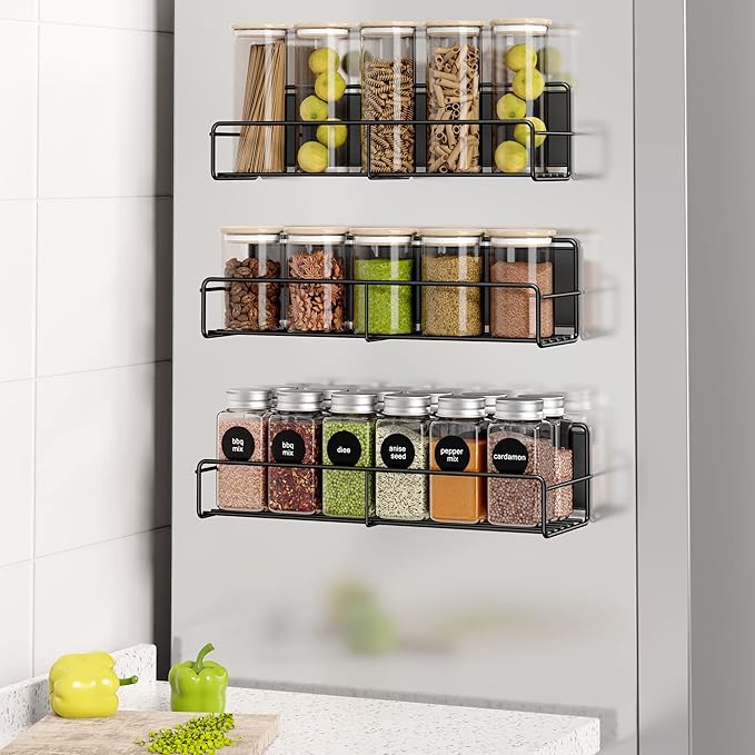 Mystozer 3 Pack Magnetic Spice Rack Organizer, Space Saver for Refrigerator and Whiteboard, Metal Fridge Shelf for Kitchen and Classroom, Black