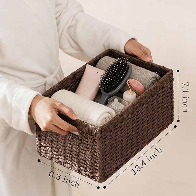 joybest Medium Wicker Baskets, Woven Paper Rope Storage Baskets for Organizing, Foldable Rectangular Bin with Handles for Pantry, 13.4L x 8.3W x 7.1H inch, 2-pack Dark Brown