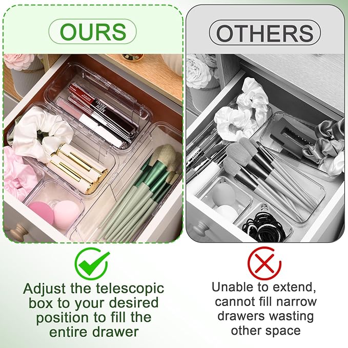 14 Pcs Clear Drawer Organizer, Adjustable Storage Bins (3 Sizes), Desk and Dresser Organizers for Makeup, Cosmetics, Kitchen Utensils, Bedroom, and Gadgets