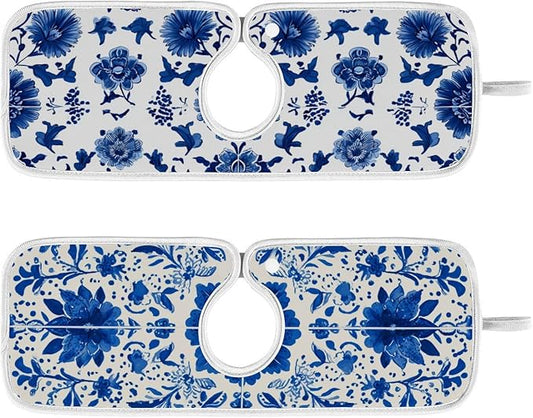 2 PCS Kitchen Sink Splash Guard 14.9 Inch Faucet Mat for Kitchen Sink Bathroom Sink Faucet Absorbing Drip Drain Mat Pad Microfiber Soft Washable Floral Blue and White Tile