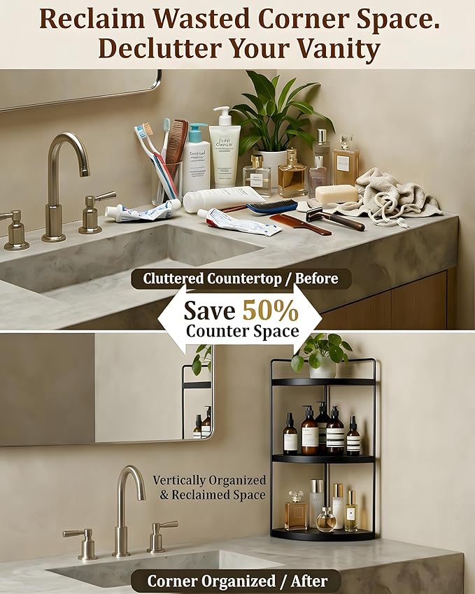 Corner Bathroom Countertop Organizer, 3-Tier Rustic Wood Corner Shelf with Sturdy Metal Frame, Waterproof Vanity Storage for Cosmetics & Toiletries, Space Saving Rack for Kitchen, Black