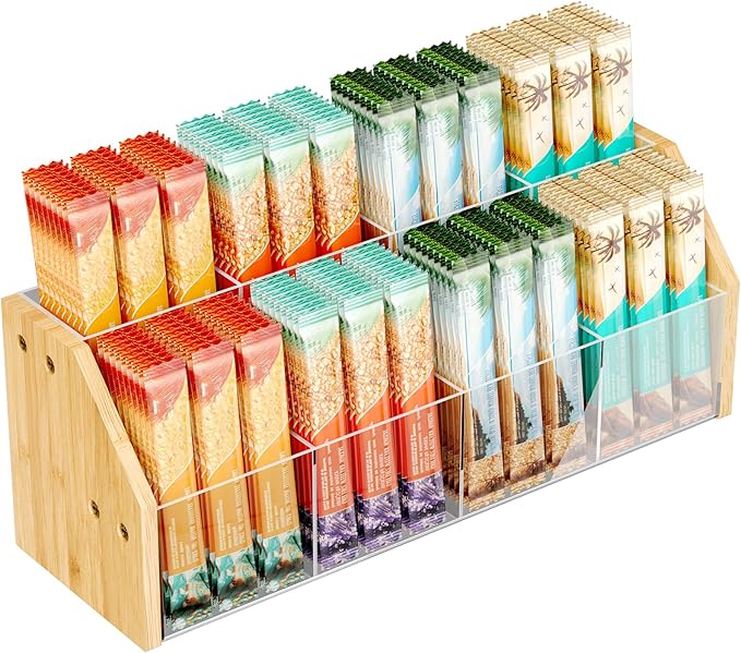 NiHome 2-Tier 8 Compartments Drink Packet Organizer, Bamboo and Clear Acrylic Storage Rack for Tea Bags, Sugar Packets, Flavor Mixes, Seasoning Sachets, Easy Access & Space-Saving Countertop Organizer