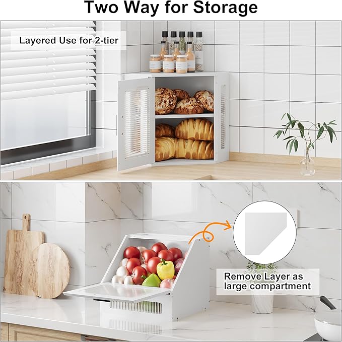 TQVAI Corner Bread Box for Kitchen Countertop, Solid Wood Double Layer Large Storage Container with Adjustable Shelves, Farmhouse Acrylic Window Design, White