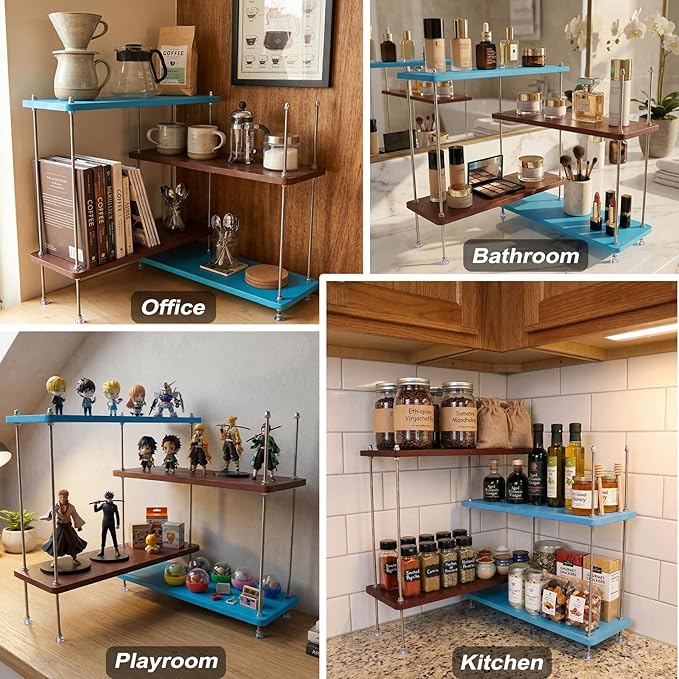 VINIUSIKI DIY Hight-Adjustable 4 Tier L-Shaped Countertop Shelf Organizer, Kitchen Spice Rack for Countertop, Wood Coffee Counter Shelf Organizer for Home - 15.7"x15.7"x16.14" (LxWxH)