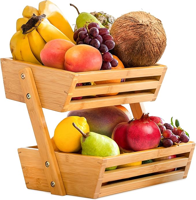 Fruit Basket - 2-Tier Bamboo Fruit & Vegetable Storage Organizer for Kitchen Counter - Gift Box Included - Lightweight & Easy Assembly - Countertop Stand Holder Bowl