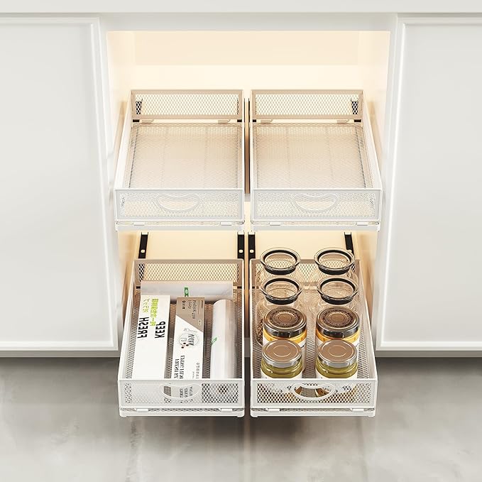2 Pack Pull Out Cabinet Drawer,Metal Mesh Slide Out Shelves Organizer,Frameless Cabinets Suitable,Simple Housewares Pull Out Cabinet Sliding Basket (15.7" D*9.6" W*3.9" H)