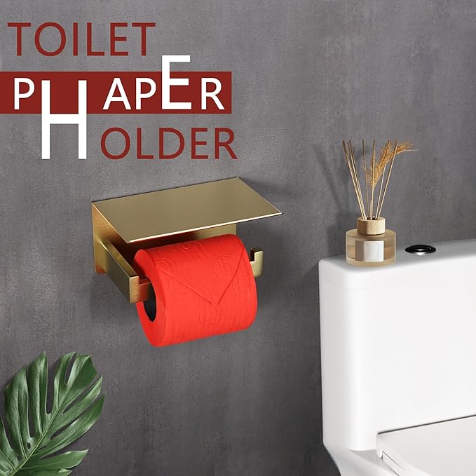 LANC Gold Toilet Paper Holder with Shelf, Adhesive or Screw Toilet Paper Roll Holder with Phone Shelf for Bathroom Wall Mounted, Stainless Steel Toilet Tissue Holder Brushed Gold, A8367BG