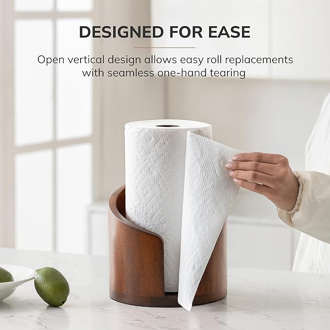 Anji Mountain Paper Towel Holder Countertop with Mango Wood Round Base and Iron Holder,Holder Stand for Kitchen Roll Organize,Wooden Paper Towel Holder for Kitchen Dining Table Home Decor
