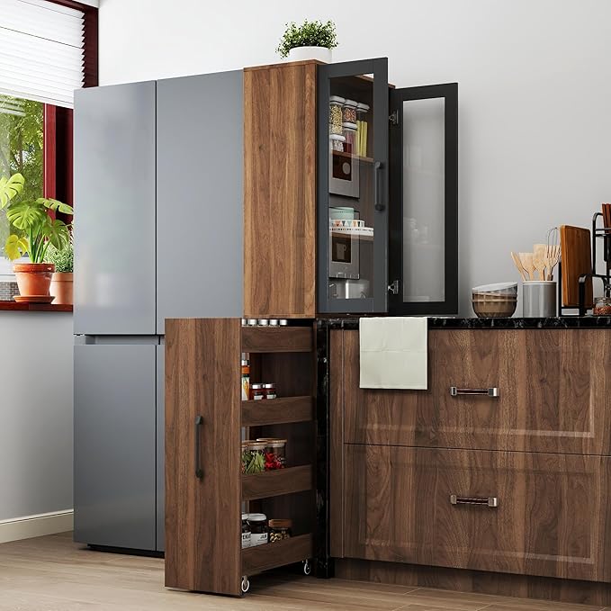 Walnut Tall Storage Cabinet with Glass Doors and Rolling Cart, 71” Wooden Pantry Cabinet with 4-Tier Pull-Out Shelf, Modern Display Bookcase for Kitchen, Bathroom, Study, Living Room