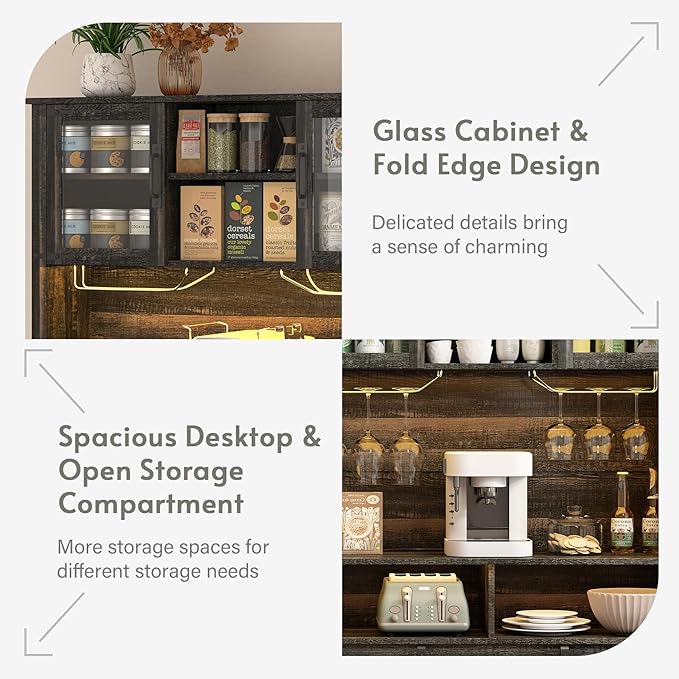 Farmhouse Coffee Bar Cabinet with Sliding Barn Door, Buffet Cabinet with Hutch, Kitchen Pantry Cabinet with Power Outlet & Lighting, Tall Liquor Chest for Home Dining Room, Black