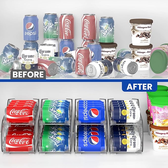 2 Pack Auto-Rolling Soda Can Organizer for Refrigerator/Fridge, Upgraded Soda Can Dispenser & Holder for Pantry Storage 10 Standard Size 12oz/ 11.2oz/ 355ml/ 330ml Drink Short Cans (Clear)