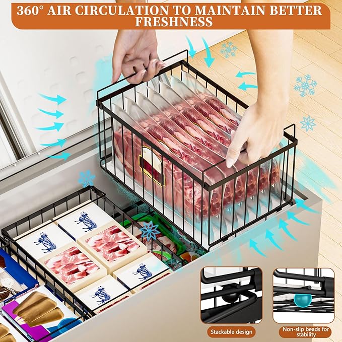Large Freezer Organizer Bins, Upgrade One-Touch Open/Close, 4 Pack Big Stackable Deep Freezer Organizer Bins, Black Wire Foldable Baskets with Handles, for 5 to 7 Cu.FT Deep Freezer Sort Frozen Meats