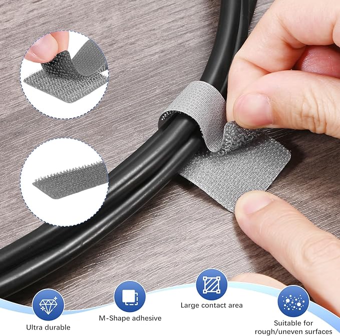 M METERXITY 100-Pack Hook and Loop Cable Ties, 3.5 x 1.1 Inch Enhanced Self-Adhesive Cord Organizer for Desk/Home/Wall/Office Essentials, Cable Management Under Desk [Gray]