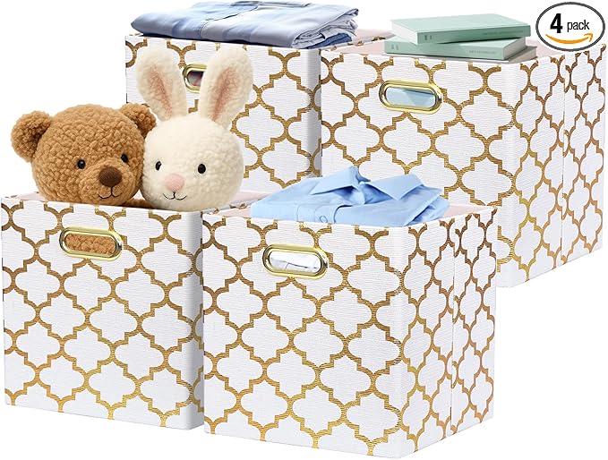 Posprica 13x13x13 Storage Cube Bins, Collapsible Storage Bins Fabric Storage Cubes Organizer Baskets Box Drawers for Shelves, Closet, Wardrobe, Bookshelf, Cabinet, Cream/Gold Lantern, 4 Pack