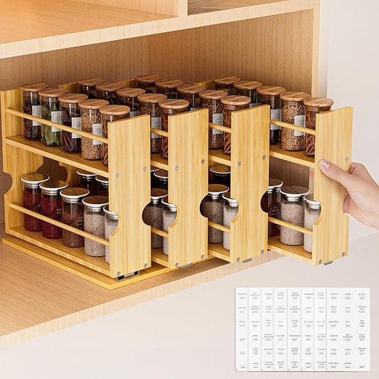 Jolitac Bamboo Pull Out Spice Rack for Cabinet, Slide Out Drawers, Space-Saving Seasoning Kitchen Pantry Sliding Vertical Organization, Easy to Install, 12.3" Wide, 4 Drawers(1.85" Wide), 2-Tier