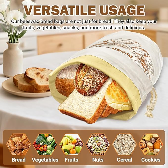 Large Cotton Beeswax Bread Bags for Sourdough with Drawstring Closure (1 Pack) Reusable Bread Storage Bags Keep Loaves Fresh, Freezer-Safe, baking container for gifting (Cylinder Design)