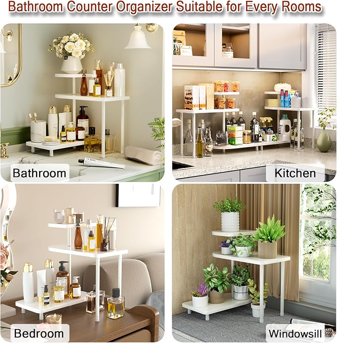 REFGY 3-Tier Bathroom Counter Organizer, Versatile Corner Vanity Shelf with Rotating Trays, Premium Metal and Wood-Texture Storage Rack for Skincare, Perfume, Kitchen Spice, and Home Decor, White