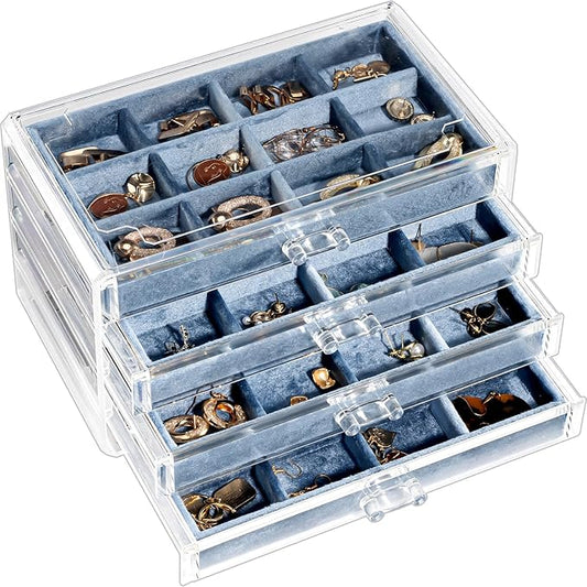 Lolalet Earring Holder Organizer Box Jewelry Storage with 4 Drawers, Clear Acrylic Stackable Earring Case with Adjustable Velvet Trays for Women on Dresser Vanity -Blue, 4 Layers