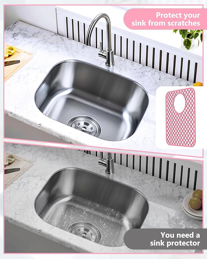 BEHOK 2 Pack Silicone Sink Protectors for Kitchen Sink, Lozenge Pattern 13 x 11 Inches Sink Mat, Non-Slip and Durable Sink Protector Silicone, Rear Drain, Pink
