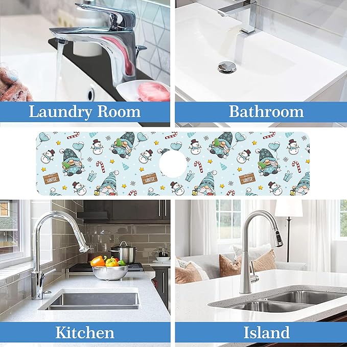 Christmas Gnome Faucet Mat Splash Guard Winter Cute Gnome, Soft Diatom Mud Material, Strong Water Absorption, Non-slip,Easy to Clean for Bathroom, Kitchen 23.5"X5.5"