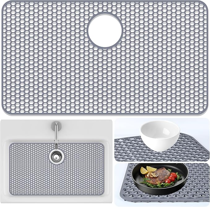Inchoco Sink Protectors Mat - 28.3"x15.55" Kitchen Sink Pad for Bottom of Basin for Protection of Stainless Steel and Tableware, Farmhouse Rubber Basin Mat Protector with Rear Drain - Light Gray