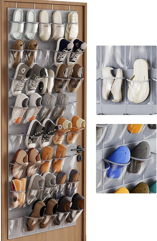 NiHome Over the Door Shoe Organizer with 40 Clear Pockets, Hanging Closet Storage Rack for 20+ Pairs of Shoes, Waterproof PVC Space-Saving Headphone & Cell Phone Holder for Classroom Dorm, Laundry