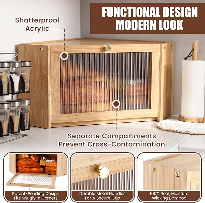 Corner Bread Box for Kitchen Countertop Bamboo Bread Boxes Large Capacity Corner Counter Breadbox Vintage Breads Storage Container with Arcylic Door Breadbox Under Cabinet Mount for Kitchen