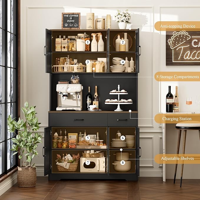 HOSTACK 71" Pantry Cabinet with Charging Station, Tall Kitchen Pantry Storage Cabinet with Microwave Stand, Farmhouse Kitchen Hutch with Storage Drawers for Living Room, Dining Room, Black