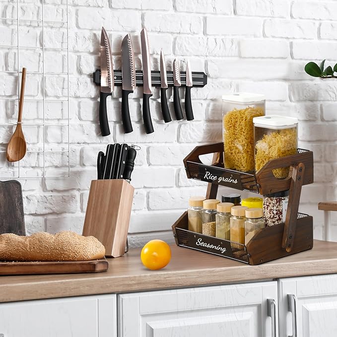 2 Tier Fruit Basket for Kitchen Counter Organizer with Banana Hangers Wooden Fruit Basket Kitchen Counter Storage Holder for Onion Potato Bread Vegetable Organize(11.8 x 9.1 x 10.6 Inches)