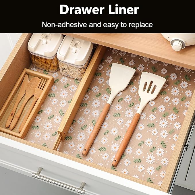 INNOLITES Shelf Liner for Cabinets, Non-Adhesive for Kitchen Drawer Liner, Waterproof Shelf Paper with Floral Pattern, Durable Easy to Clean (Green Daisy, 11.8" x 118")