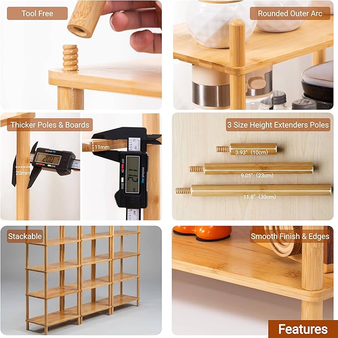 2-Tier Expandable Bamboo Desktop Organizer Shelf Kitchen Cabinet and Counter Riser Display Shelf for Top of Desk Home Office Bathroom Coffee Table Display Stand (1, Natural, 3-Tier)