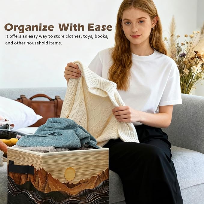 Boho Abstract Sun Mountain Storage Box Bins, Rustic Modern Abstract Boho Collapsible Storage Basket Organizer for Bedroom Laundry Room Home Clothes Toys Books, Toybox for Kids