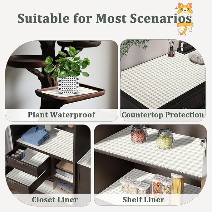 MIAONET Shelf Liner for Kitchen Cabinets 12" x 240" Non-Adhesive Non-Slip Drawer Liners for Dresser, Waterproof Washable Paper, Durable Protector Mat for Pantry Shelves Cupboards, Green Plaid