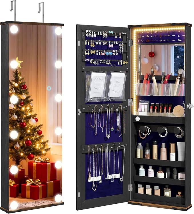 Over the Door Jewelry Organizer, 12 Hollywood Bulbs Hanging Jewelry Armoire with Full Length Mirror, 43.5" Lockable Large Storage Jewelry Cabinet for Girls/Women, (Wood grain black)